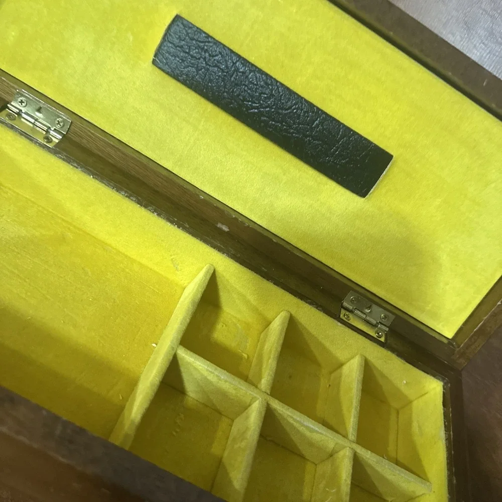 Vintage Wood Wooden Jewelry Box Gold Yellow Velvet Lined 12X5X3
